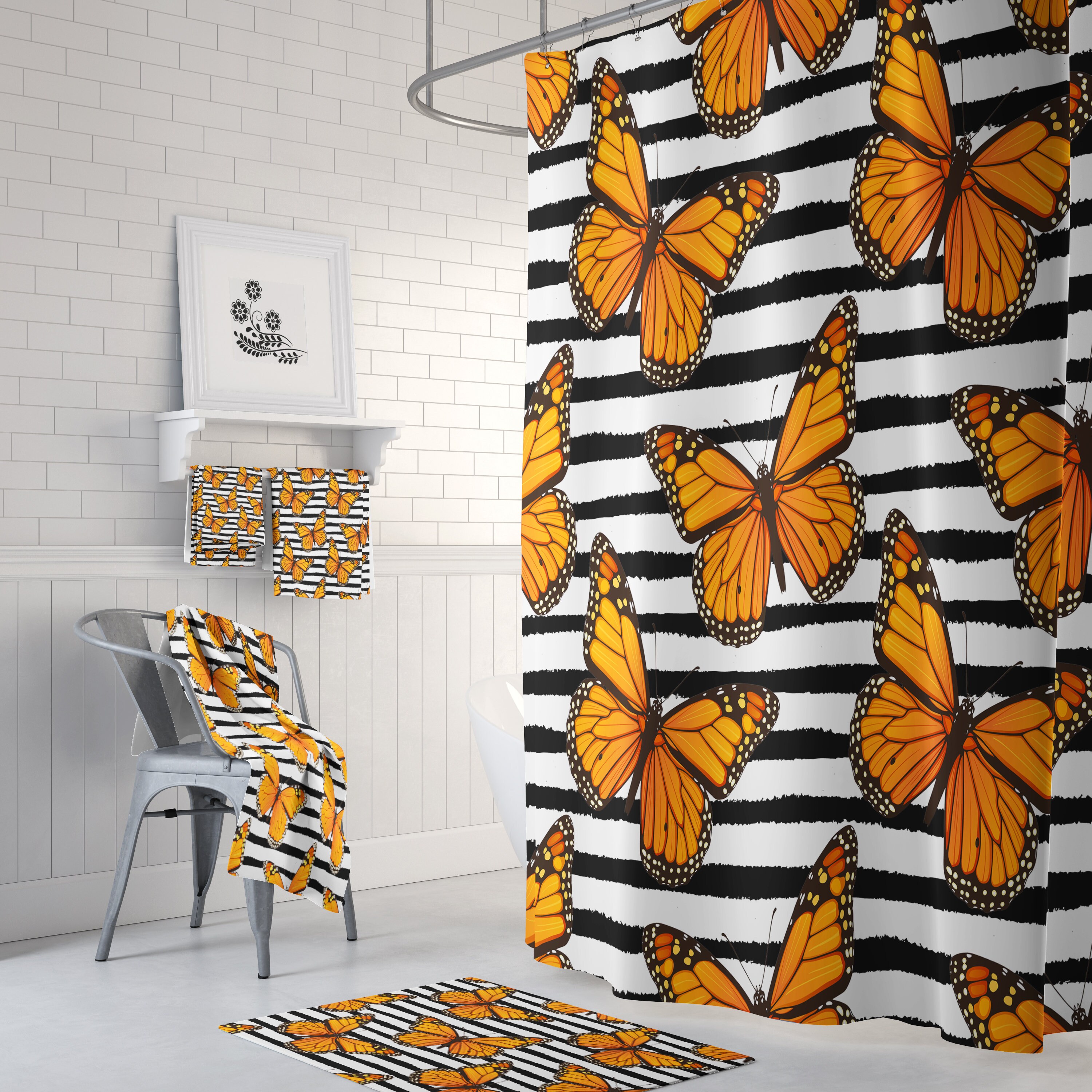 Monarch Butterfly Shower Curtain Set with Matching Towels and Bath Mat
