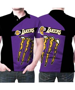 Monster Energy Los Angeles Lakers NBA basketball team logo purple 3D all over print polo shirt.