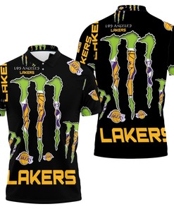 Monster Energy logo for lovers Los Angeles Lakers polo shirt featuring an all over print design.