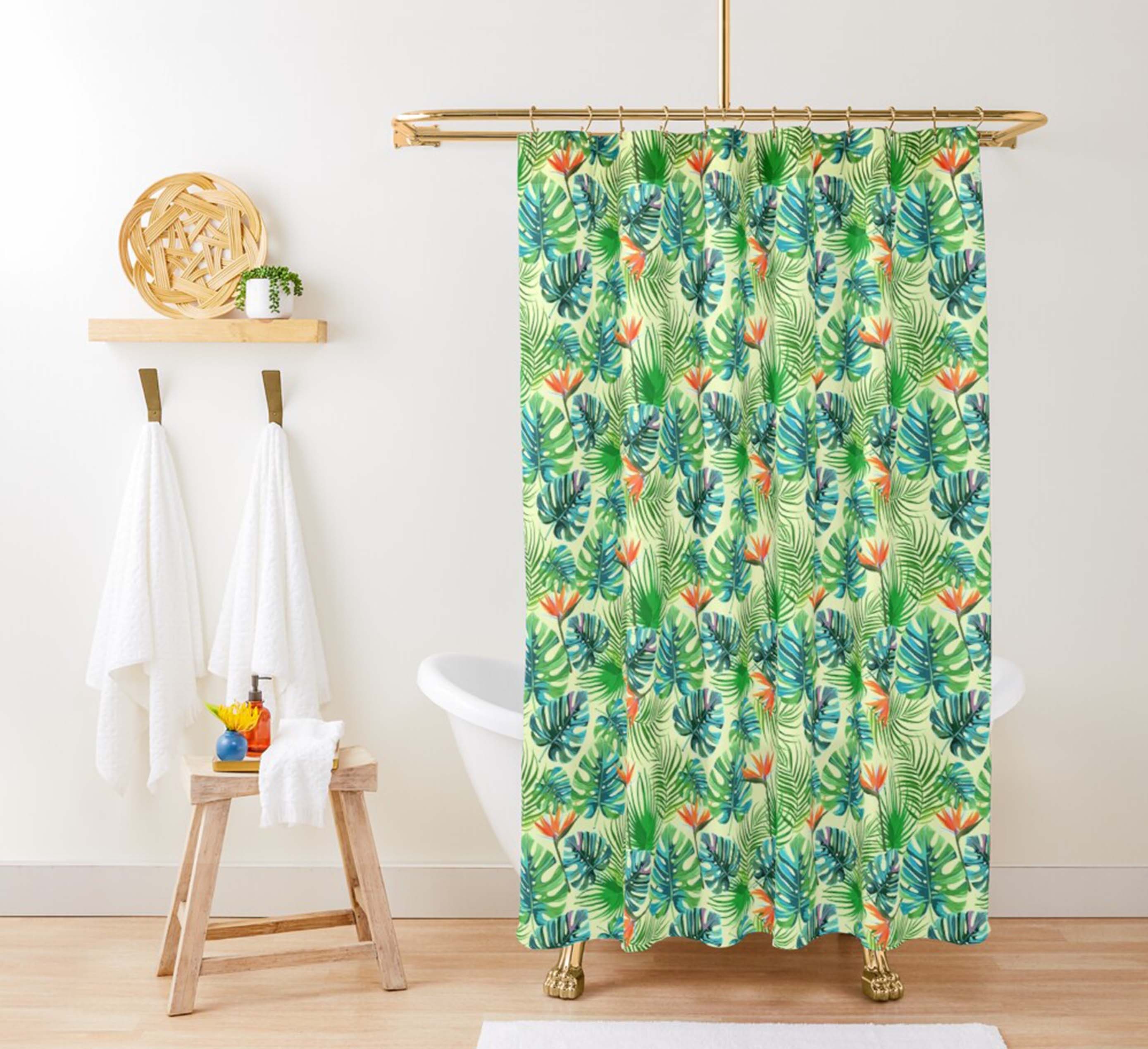Monstera palm green leaves pattern Shower Curtain | Botanical garden fabric Bathroom Curtain & Mat