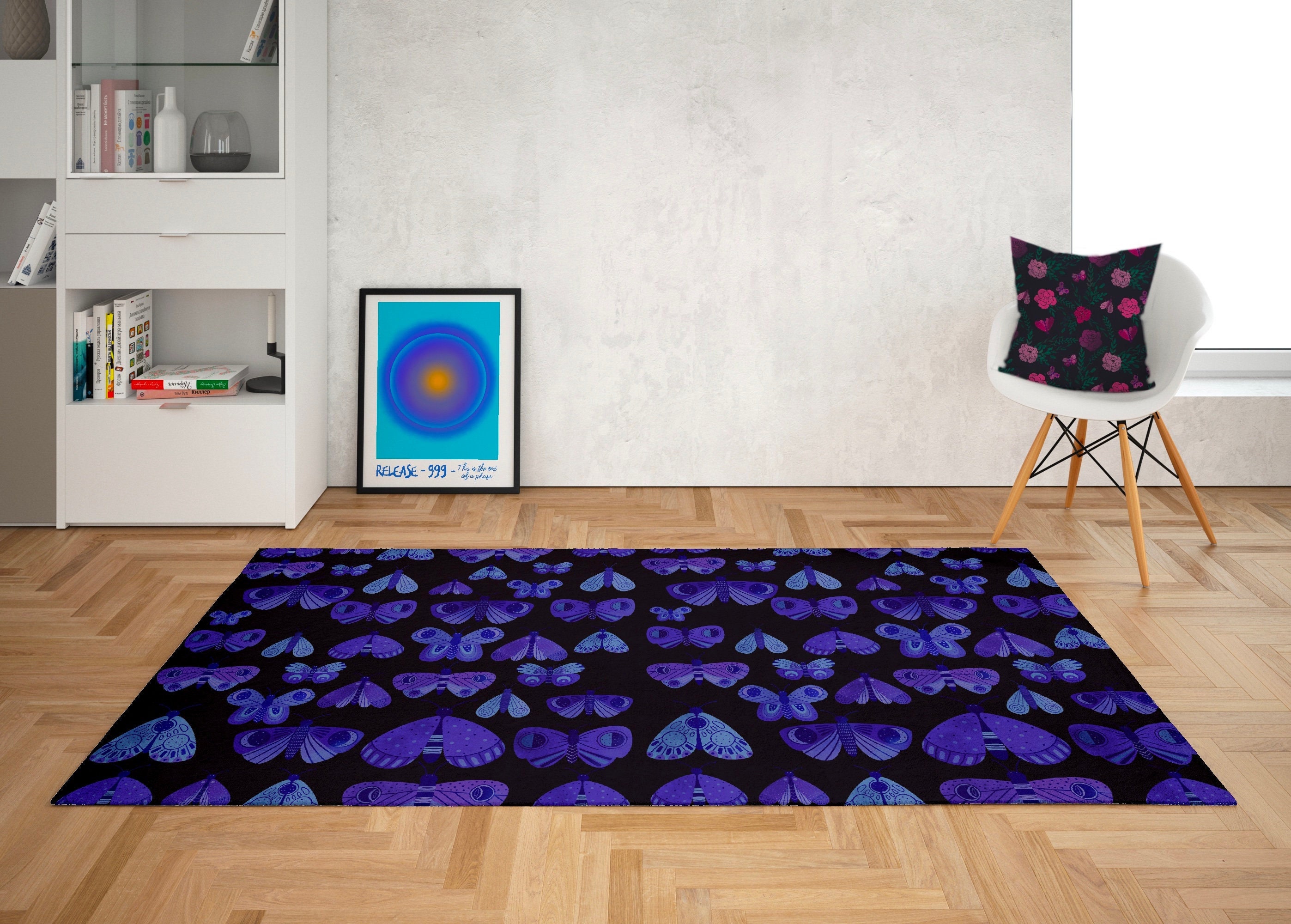Moody Blue Butterfly and Dark Floral Area Rug with Boho Moth Design for Bedroom and Living Room with Retro Touch - Image 2