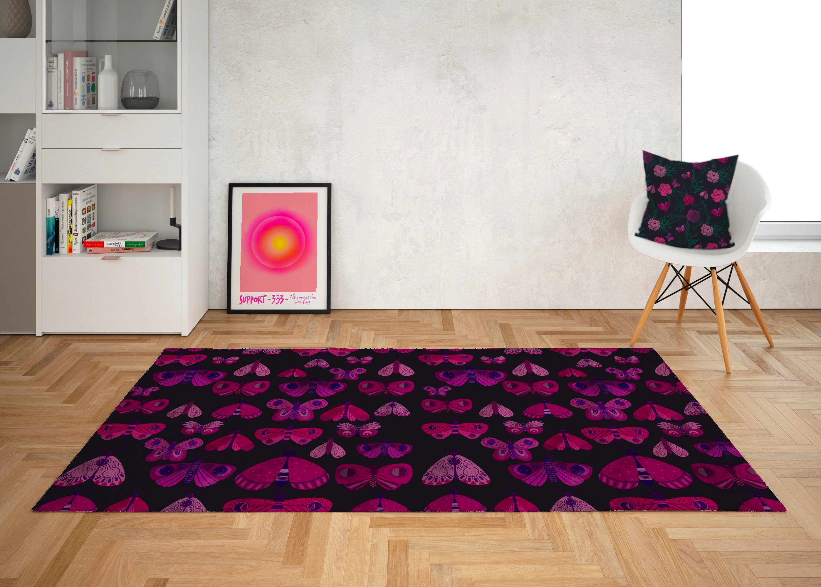 Moody Pink Butterfly and Dark Floral Area Rug with Boho Moth Design for Romantic Home Decor - Image 2