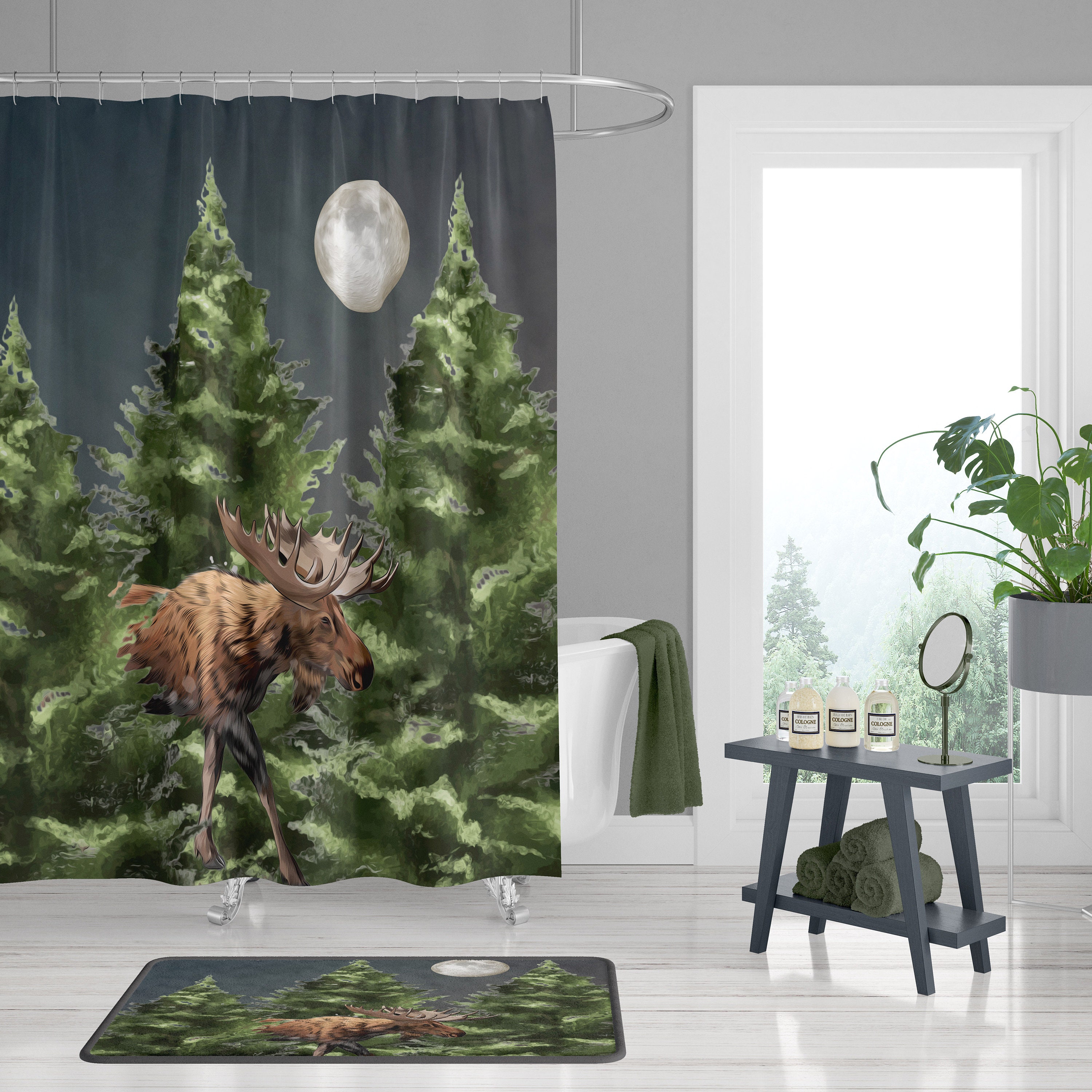 Moose and Pine Motif Shower Curtain with Rustic Lodge Bathroom Decor