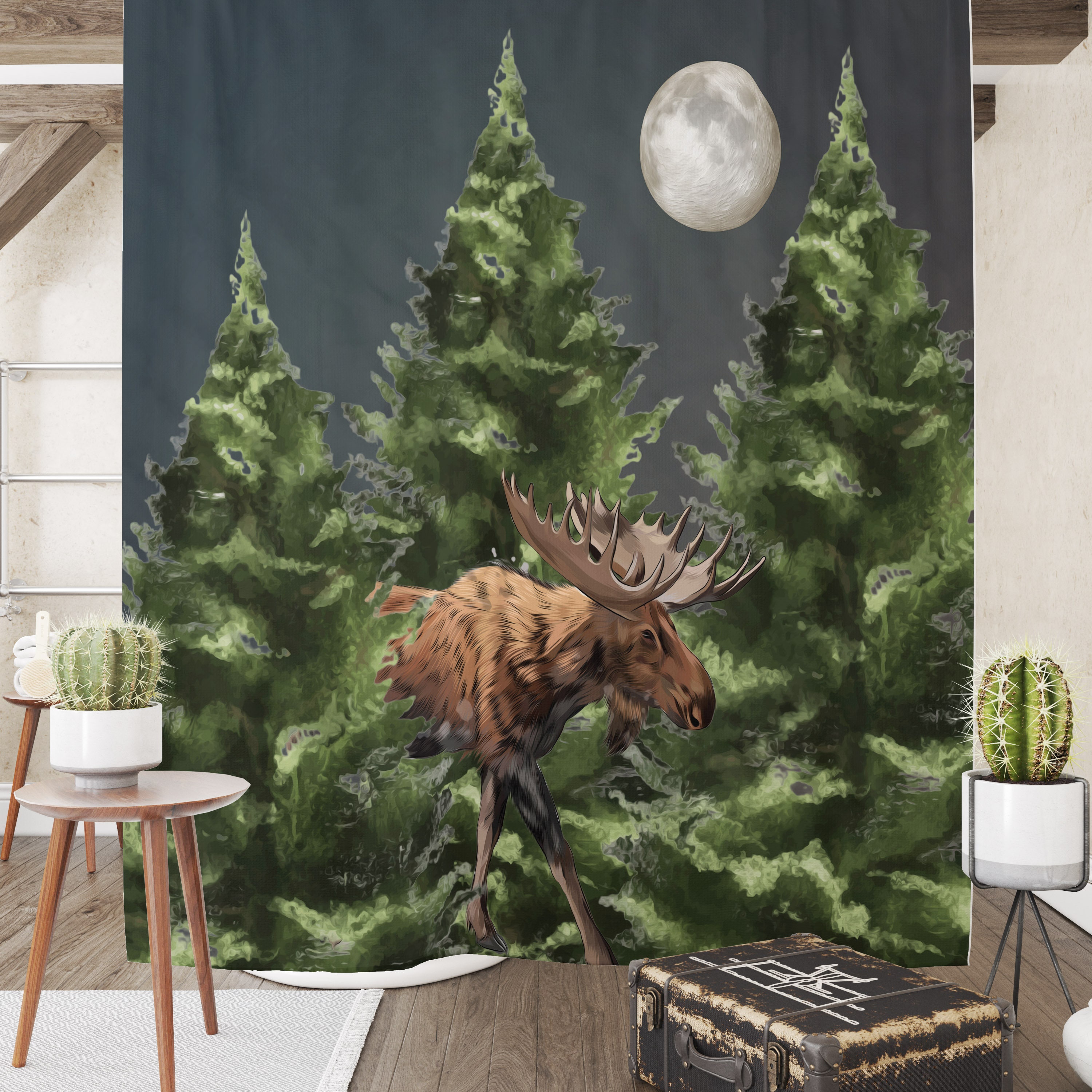 Moose and Pine Motif Shower Curtain with Rustic Lodge Bathroom Decor - Image 2