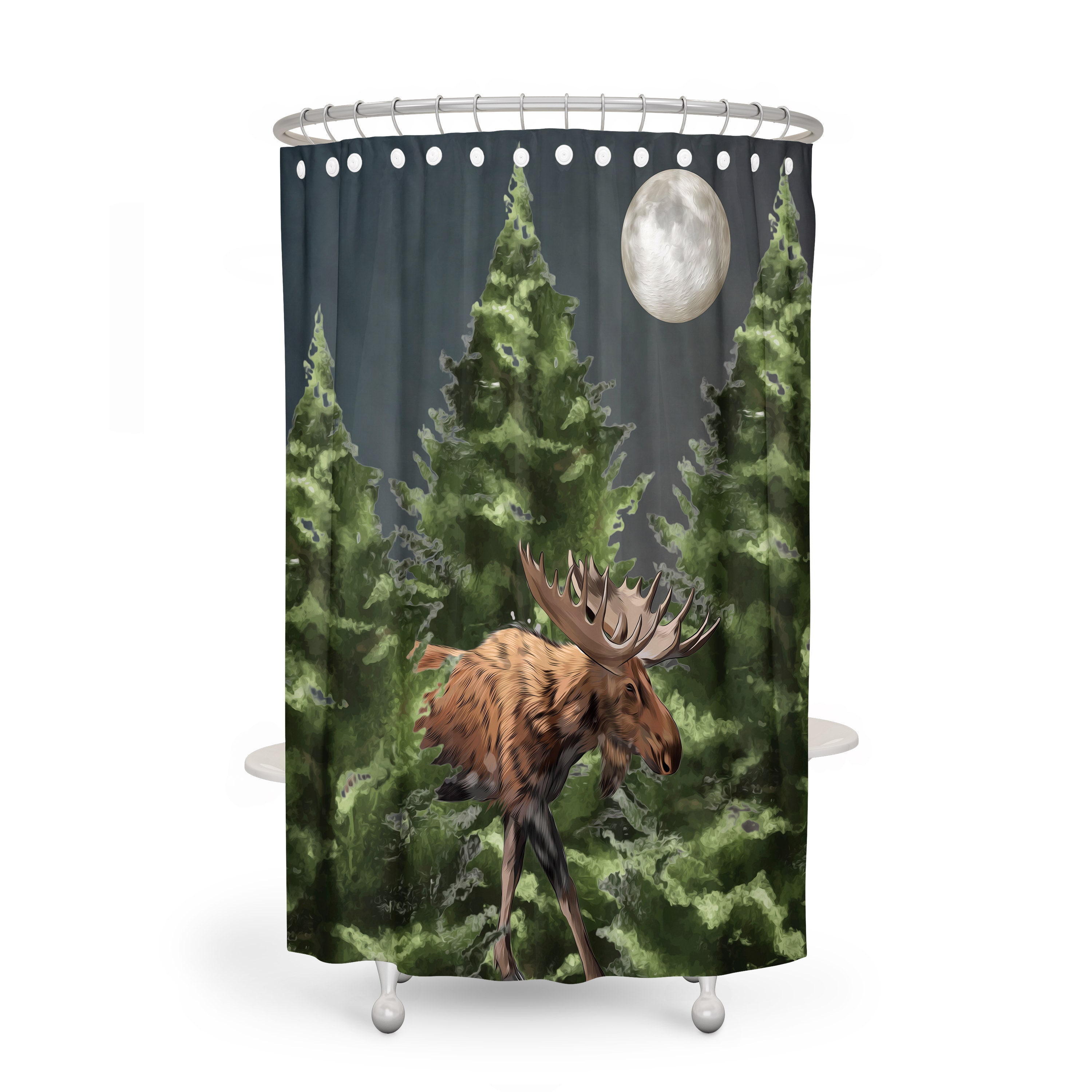 Moose and Pine Motif Shower Curtain with Rustic Lodge Bathroom Decor - Image 3