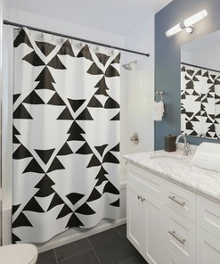 Moroccan Black and White Geometric Shower Curtain, Abstract Shower Curtain, Vintage Restroom Shower Curtains