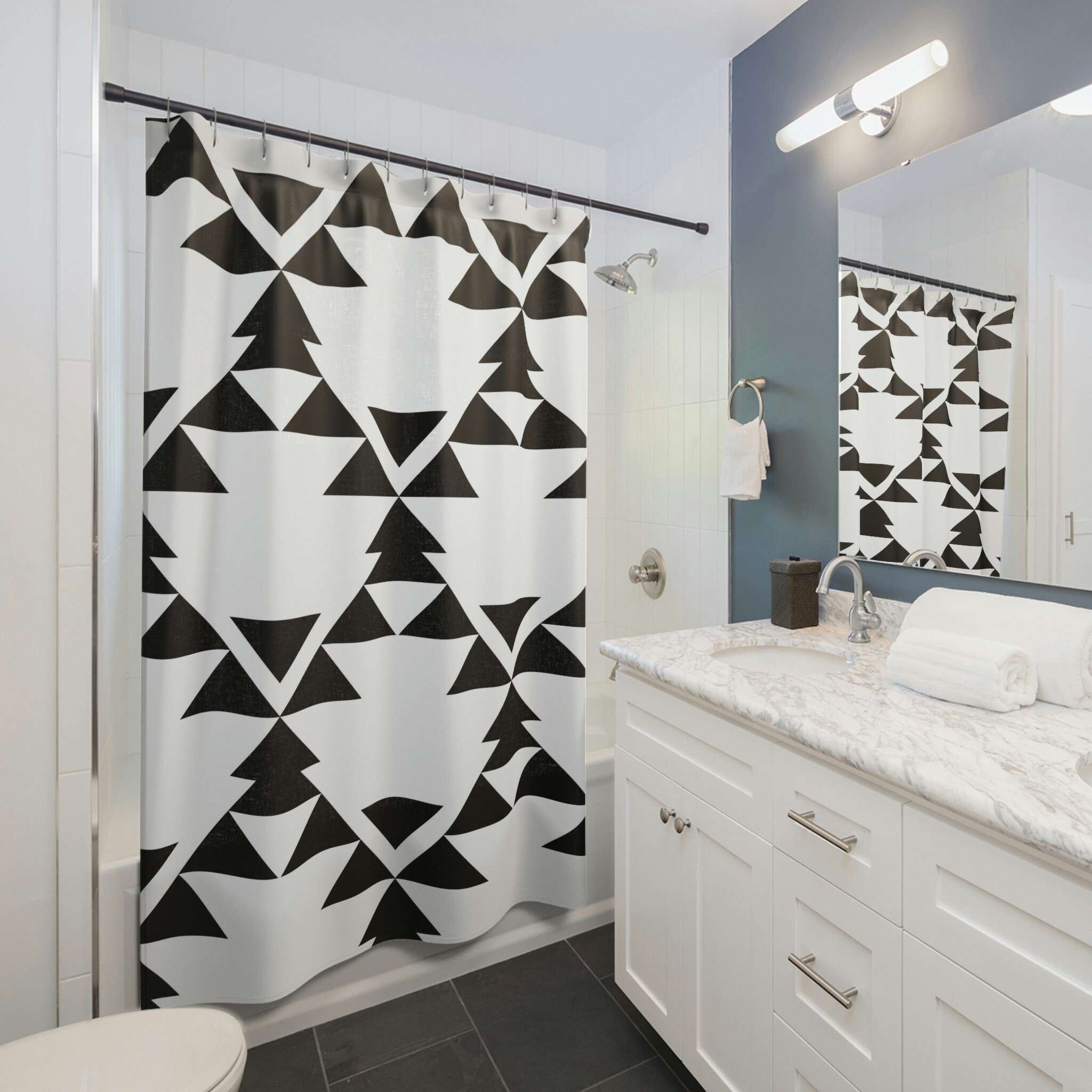 Moroccan Black and White Geometric Shower Curtain, Abstract Shower Curtain, Vintage Restroom Shower Curtains