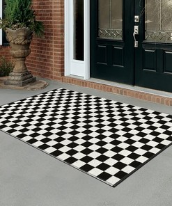 Moroccan Checkered Area Rug - Black and White Outdoor Washable Runner Rug - Reversible Floor Mat
