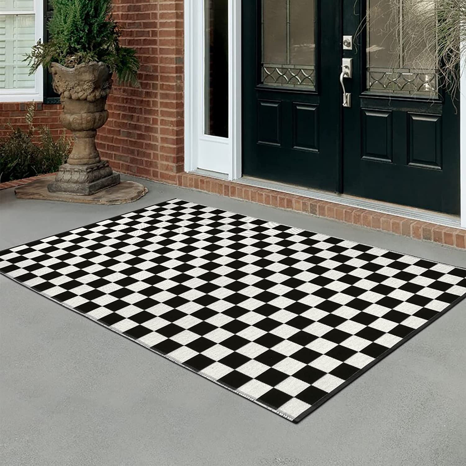 Moroccan Checkered Area Rug - Black and White Outdoor Washable Runner Rug - Reversible Floor Mat
