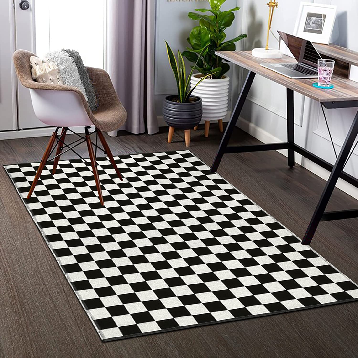 Moroccan Checkered Area Rug - Black and White Outdoor Washable Runner Rug - Reversible Floor Mat - Image 2