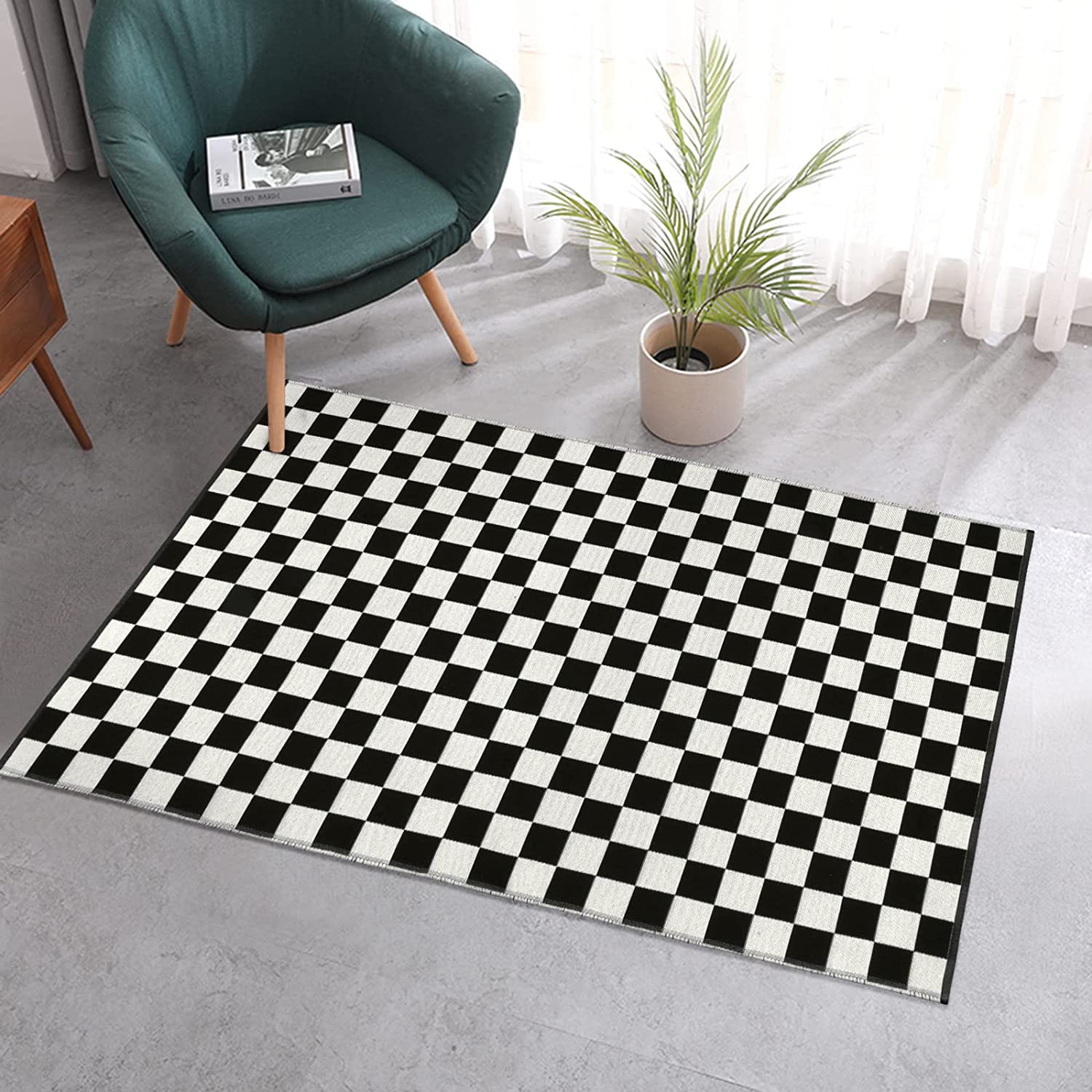 Moroccan Checkered Area Rug - Black and White Outdoor Washable Runner Rug - Reversible Floor Mat - Image 3