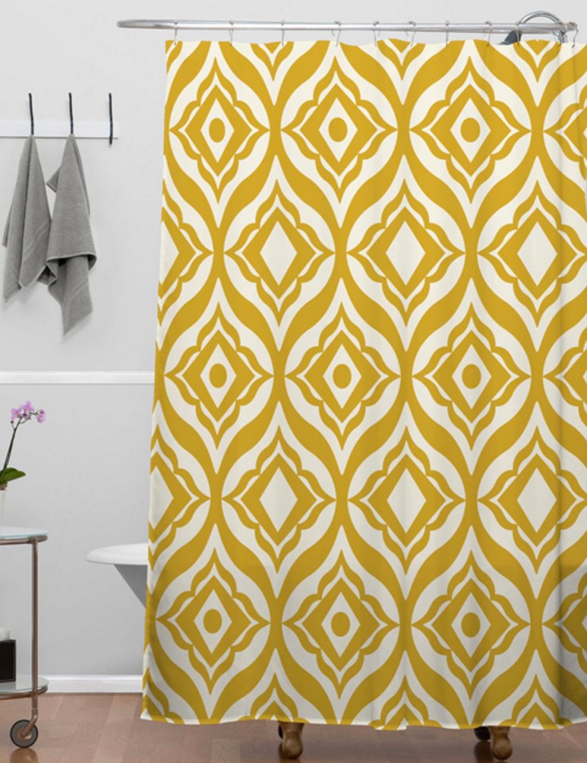 Moroccan Design Yellow Shower Curtain | Retro Modern Geometric Bathroom Decor | Trevino Collection - Image 3