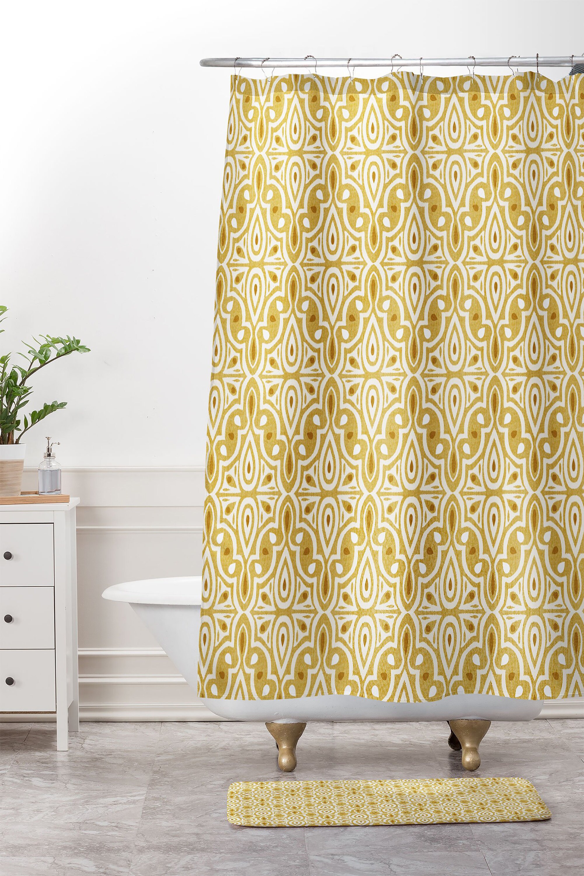 Moroccan Geometric Fabric Boho Shower Curtain, Yellow Color with Touch of Boho Decor, Perfect Bathroom Essential