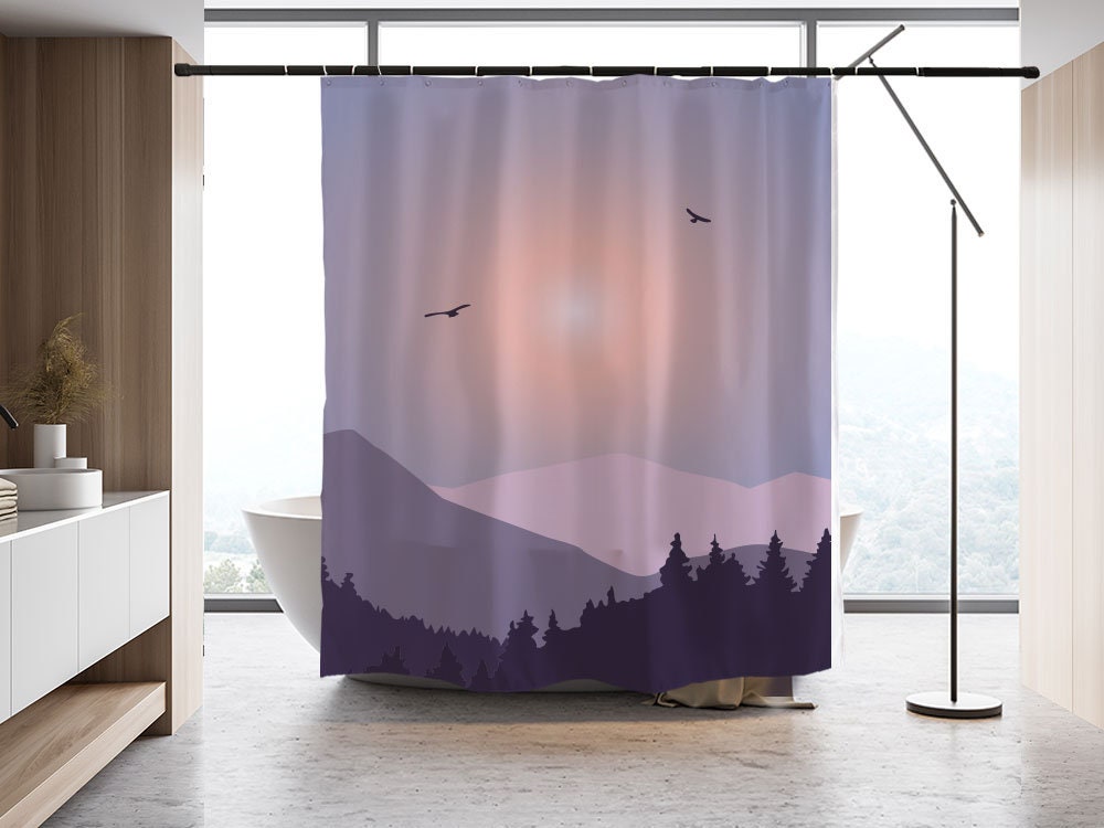 Mountain & Forest Purple Ink Painting Disney Shower Curtain for Peaceful Image Bathroom Decor Custom Sizes Available - Image 2