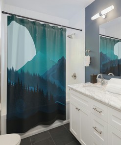 Mountain Landscape Pine Trees Boho Shower Curtain, Mid Century Modern Nature Lover Shower Curtain