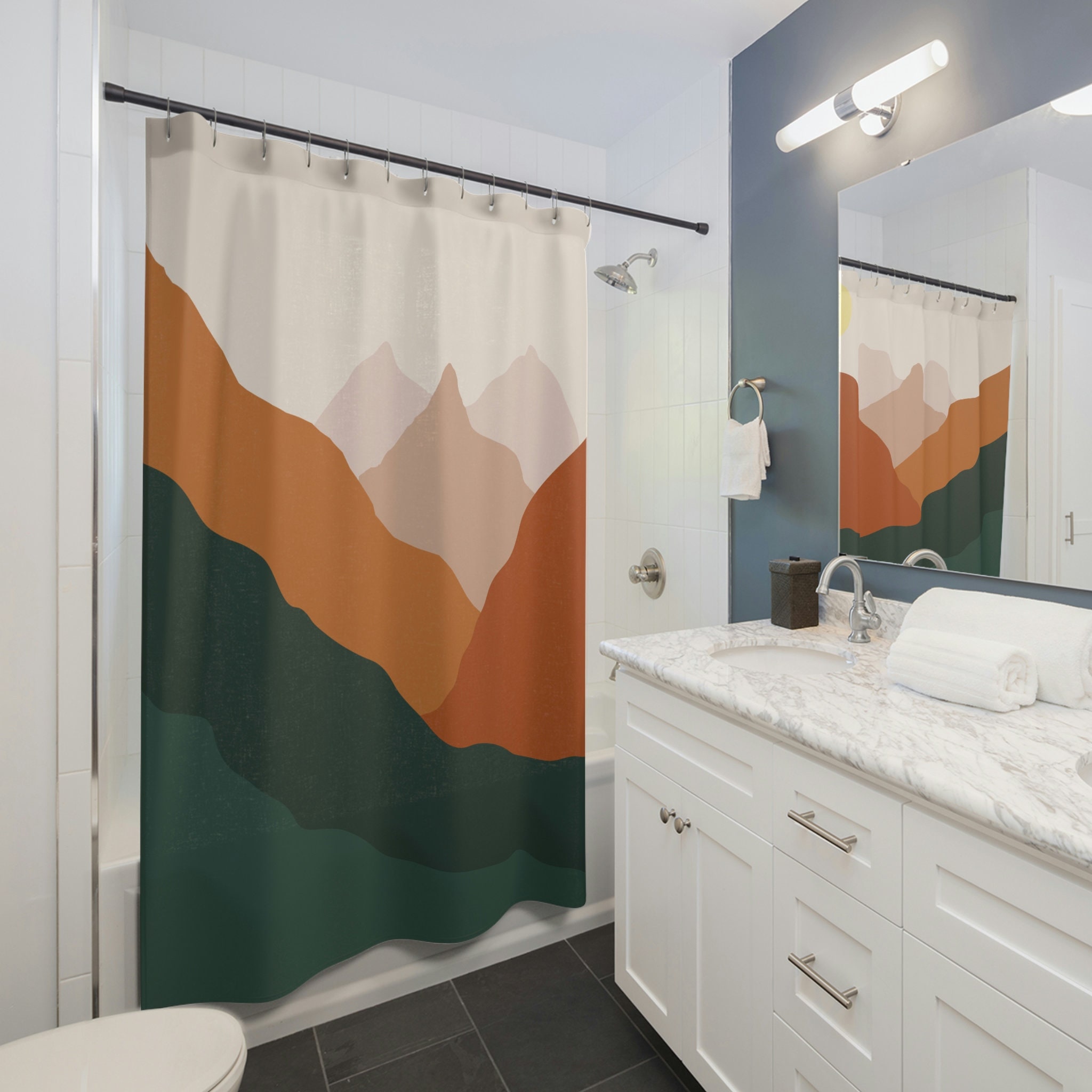 Mountains Nature Lover Abstract Boho Shower Curtain, Mid Century Modern Bohemian Bathroom Decor