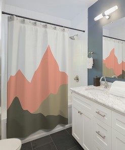 Mountains Nature Lover Boho Shower Curtain, Brown Yellow Earth Tones Bath Curtain, Mid Century Modern Bathroom Decor