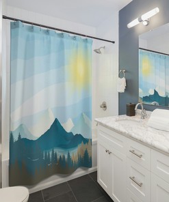 Mountains Sunrise Boho Shower Curtain, Mid Century Modern Nature Lover Shower Curtain, Abstract Shower Curtain
