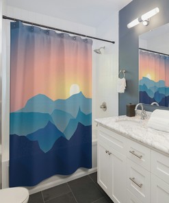 Mountains Sunset Boho Shower Curtain, Mid Century Modern Nature Lover Shower Curtain, Abstract Shower Curtain