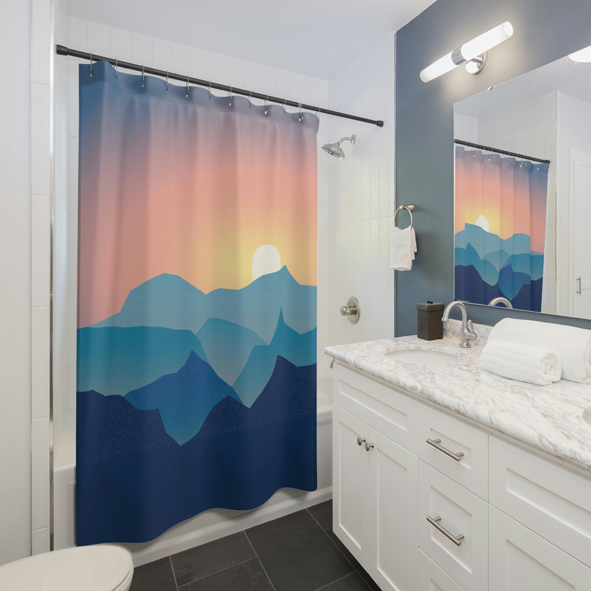 Mountains Sunset Boho Shower Curtain, Mid Century Modern Nature Lover Shower Curtain, Abstract Shower Curtain