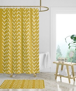 Mudcloth Print Shower Curtain, Mustard Yellow Color, Bohemian Bathroom Decor