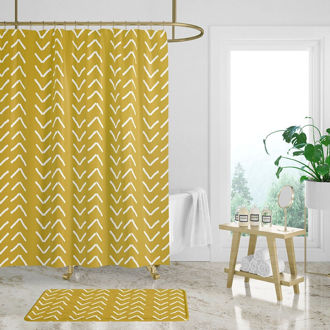 Mudcloth Print Shower Curtain, Mustard Yellow Color, Bohemian Bathroom Decor