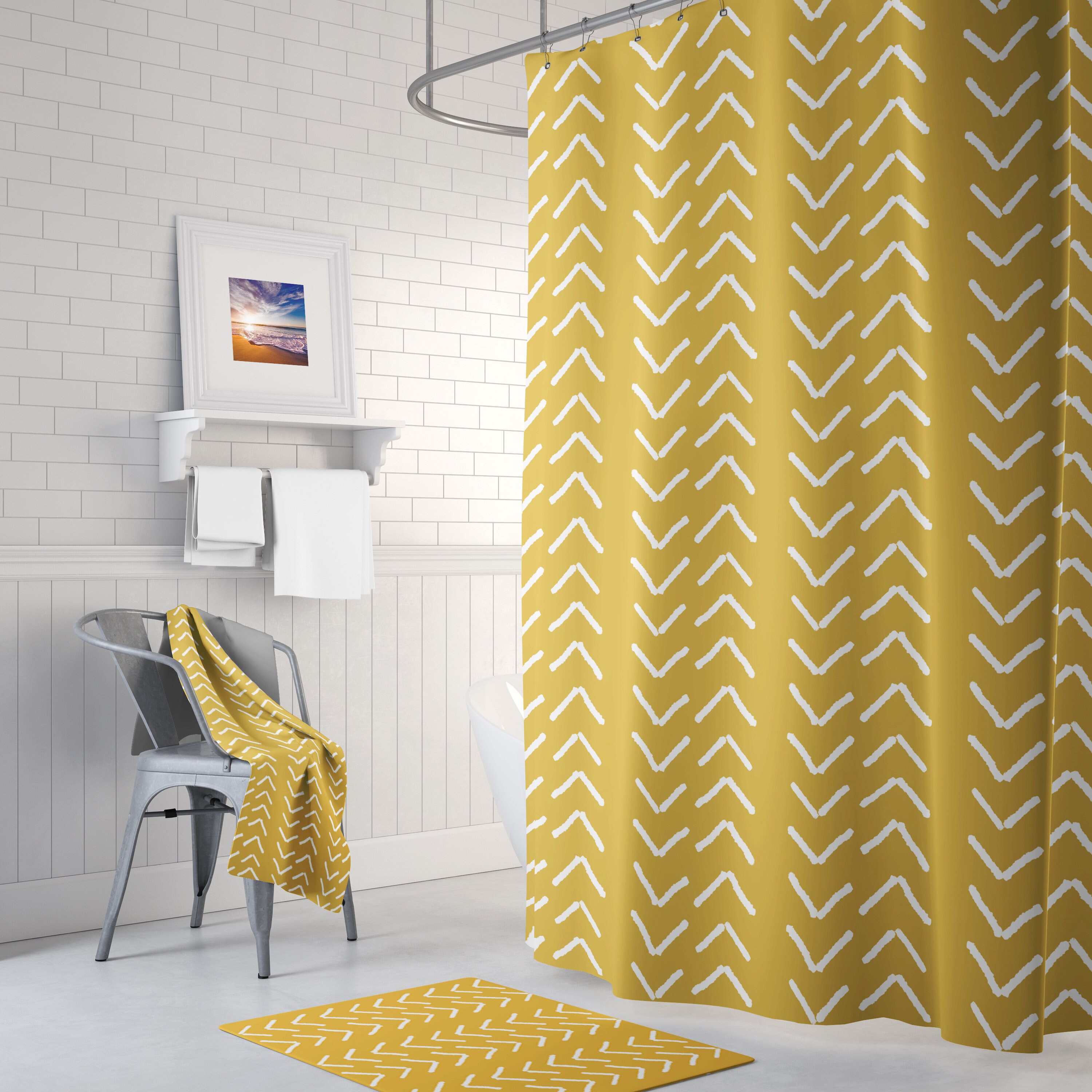 Mudcloth Print Shower Curtain, Mustard Yellow Color, Bohemian Bathroom Decor - Image 3