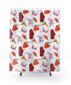 Multi-Colored Mid Century Modern Shower Curtain | Retro White Shower Curtain | 1960s Bathroom Decor | MCM Bathroom