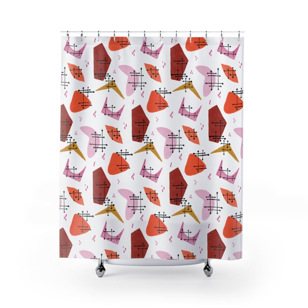 Multi-Colored Mid Century Modern Shower Curtain | Retro White Shower Curtain | 1960s Bathroom Decor | MCM Bathroom
