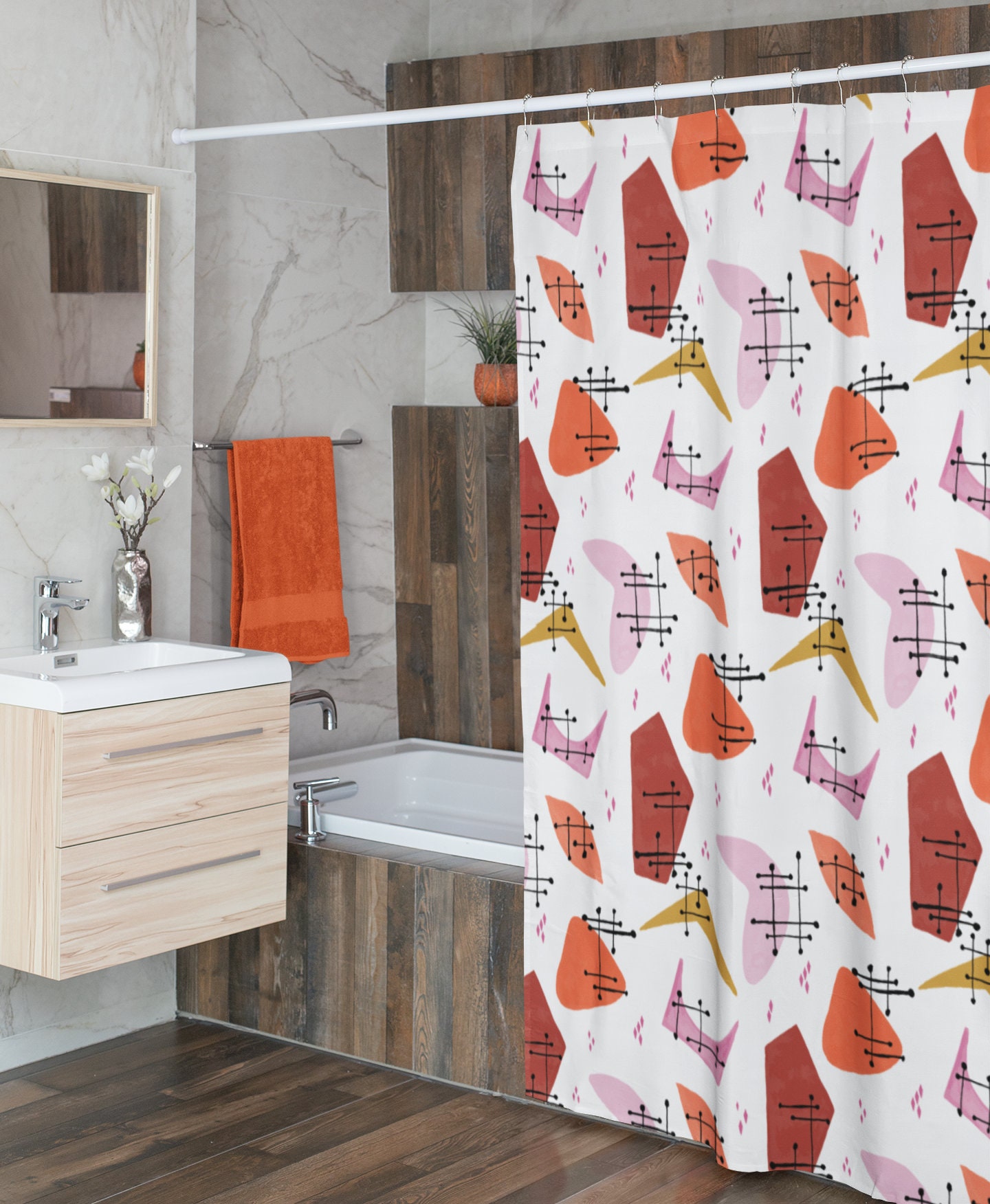 Multi-Colored Mid Century Modern Shower Curtain | Retro White Shower Curtain | 1960s Bathroom Decor | MCM Bathroom - Image 3