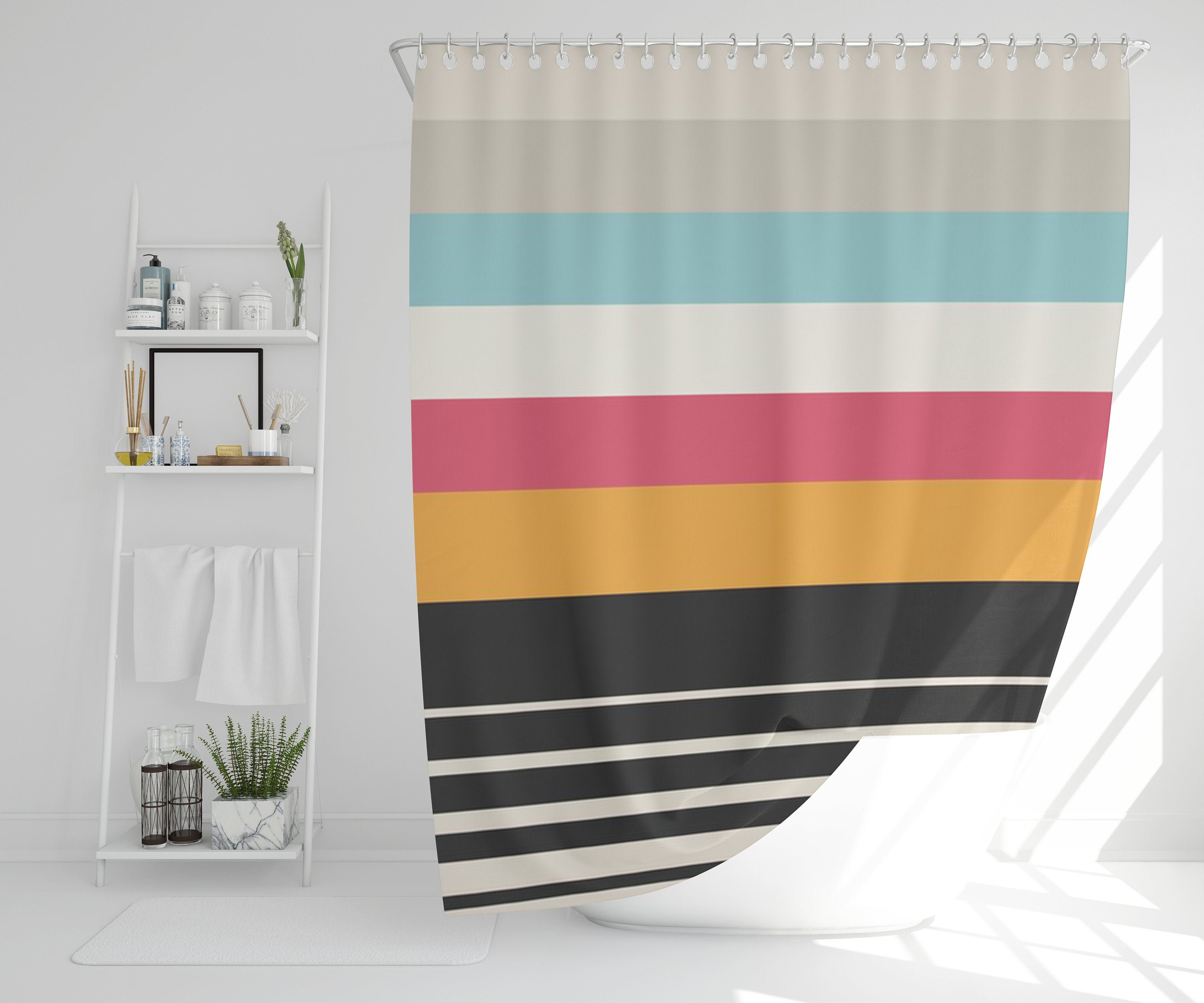 Multicolor Disney Boho Modern Shower Curtain, Colorful Lines Mid-Century Design, Eco-Friendly and Waterproof with Hooks