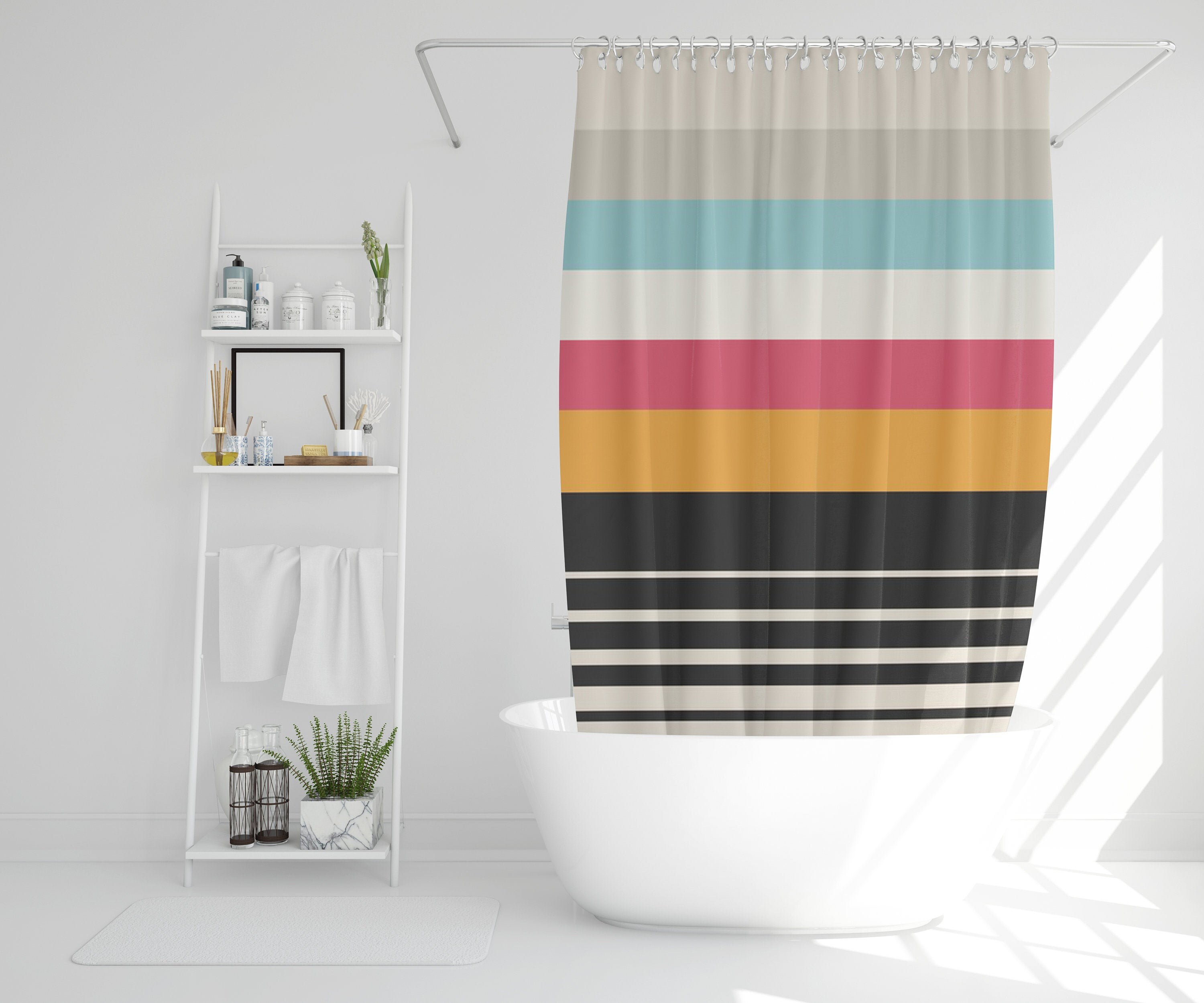 Multicolor Disney Boho Modern Shower Curtain, Colorful Lines Mid-Century Design, Eco-Friendly and Waterproof with Hooks - Image 2