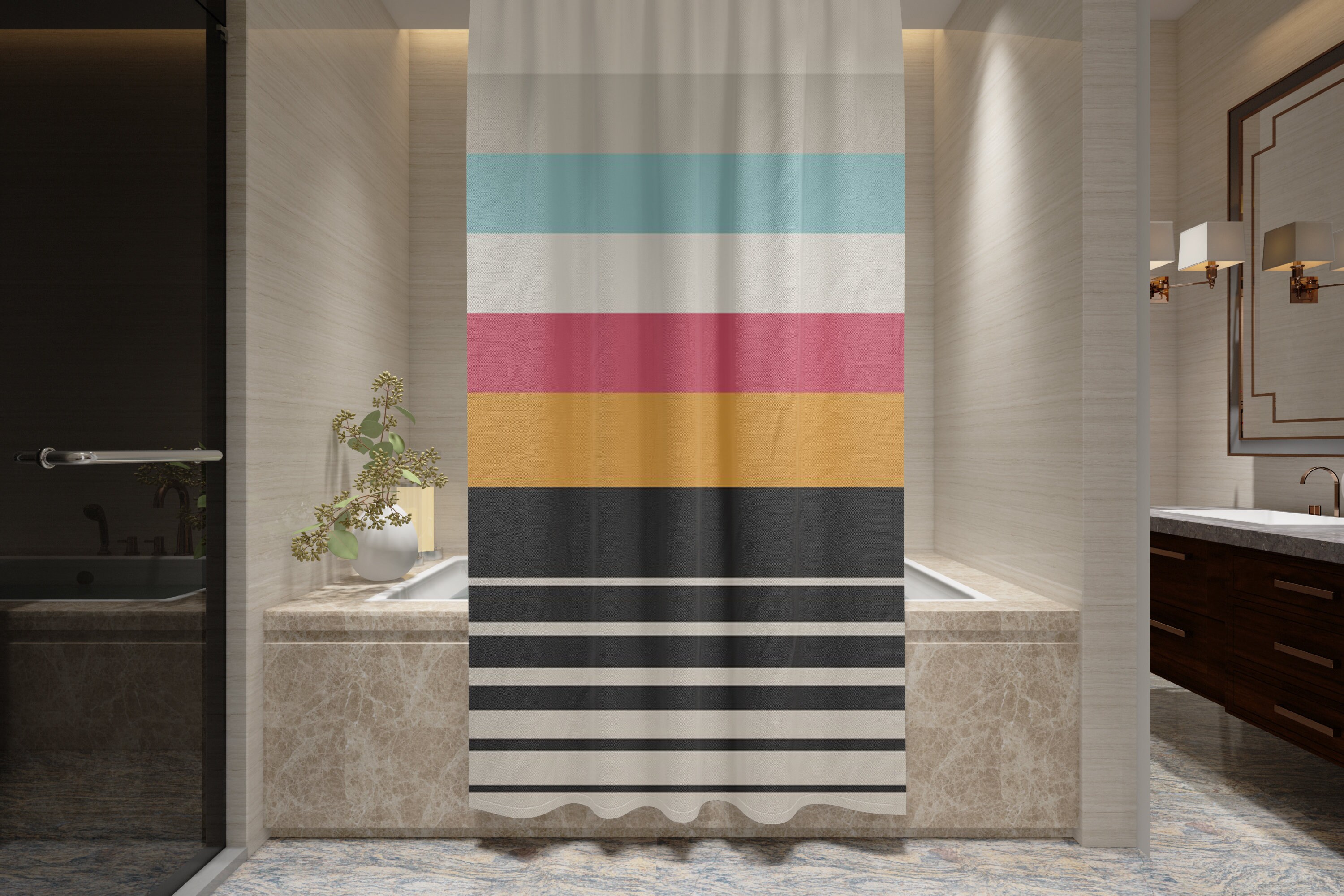Multicolor Disney Boho Modern Shower Curtain, Colorful Lines Mid-Century Design, Eco-Friendly and Waterproof with Hooks - Image 3