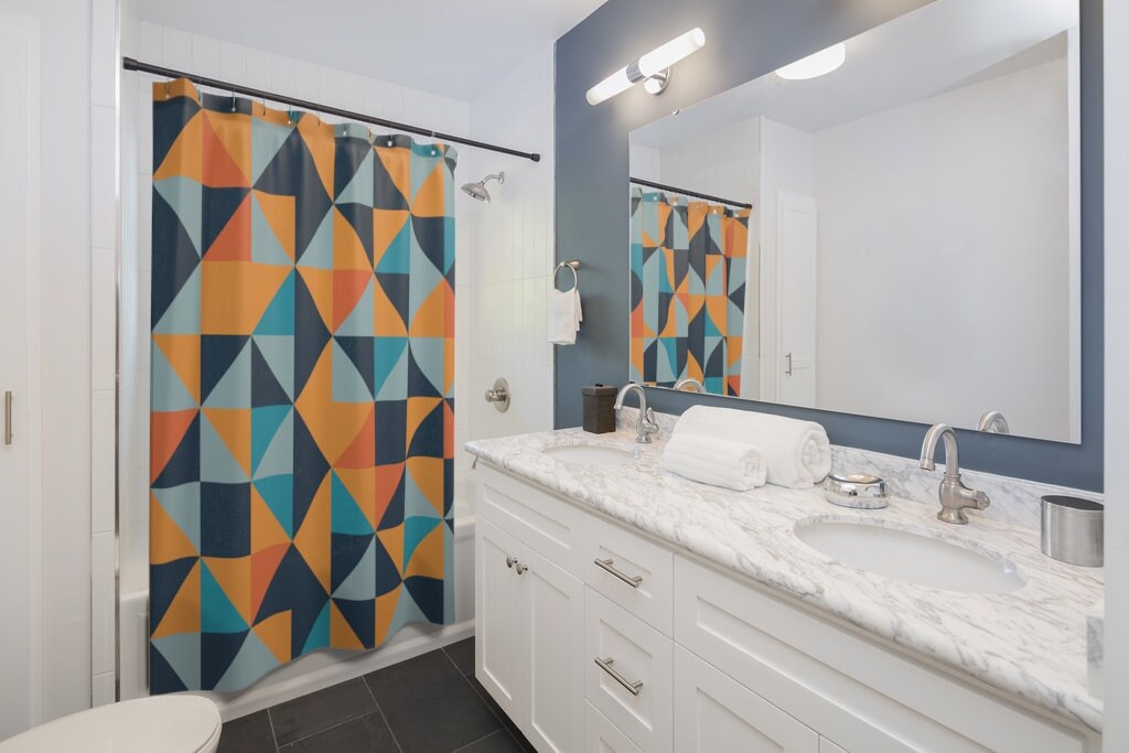 Multicolor Scandinavian Abstract Shower Curtain - Orange, Blue, and Mustard Yellow Polyester, Water-Resistant - Image 2