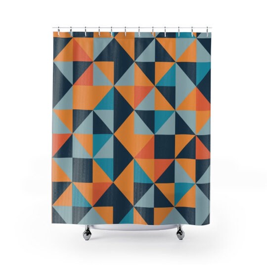 Multicolor Scandinavian Abstract Shower Curtain - Orange, Blue, and Mustard Yellow Polyester, Water-Resistant - Image 3
