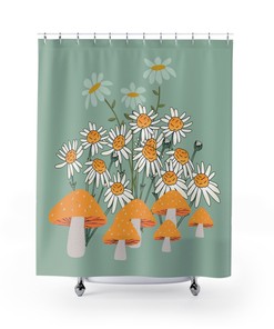Mushroom 70's Shower Curtain - Indie Y2K Retro and Groovy Design with Wild Flower and Daisy