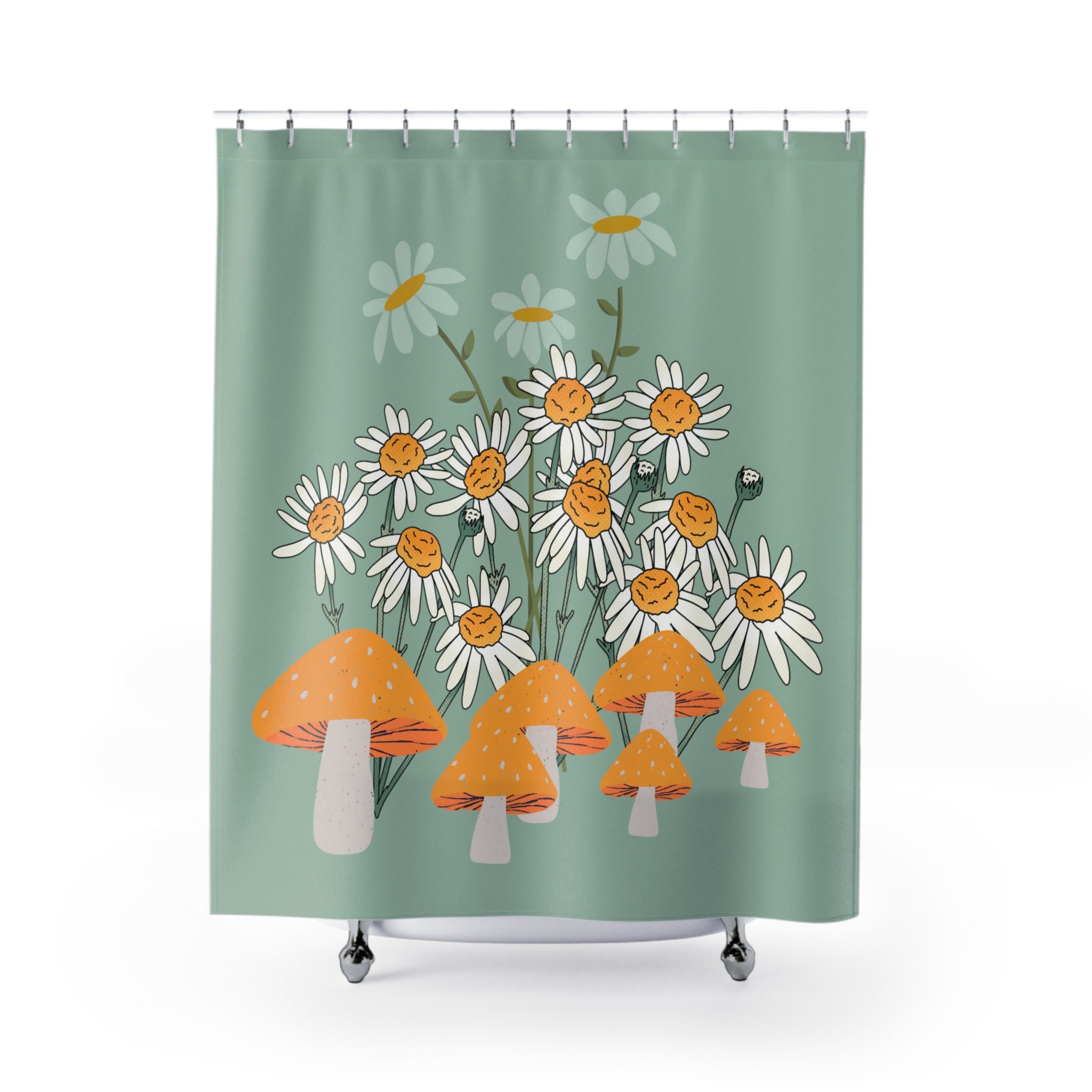 Mushroom 70's Shower Curtain - Indie Y2K Retro and Groovy Design with Wild Flower and Daisy