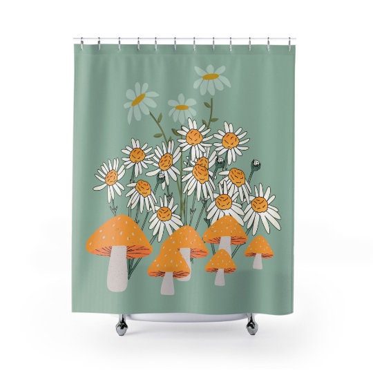 Mushroom 70's Shower Curtain - Indie Y2K Retro and Groovy Design with Wild Flower and Daisy - Image 2