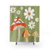 Mushroom Fairy Core and Retro Green and Orange Mid Mod Shower Curtain for a Fun Bathroom