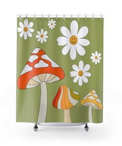 Mushroom Fairy Core and Retro Green and Orange Mid Mod Shower Curtain for a Fun Bathroom