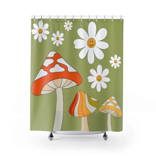 Mushroom Fairy Core and Retro Green and Orange Mid Mod Shower Curtain for a Fun Bathroom - Image 2