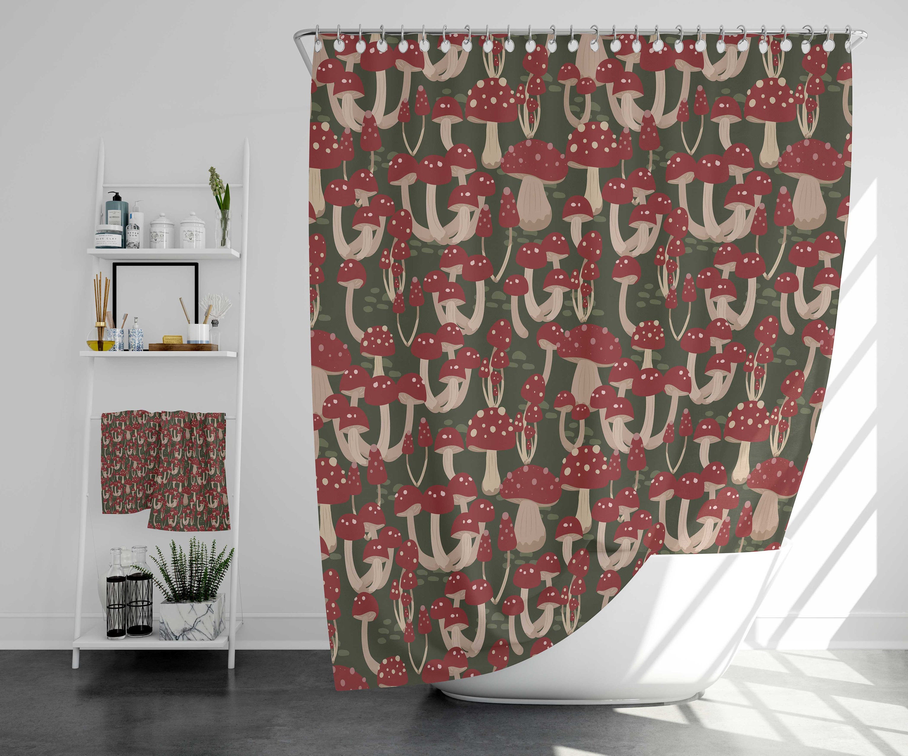 Mushroom Home Decor Fall Shower Curtain, Groovy 60's 70's Hippie Bathroom Accessory with Retro Charm