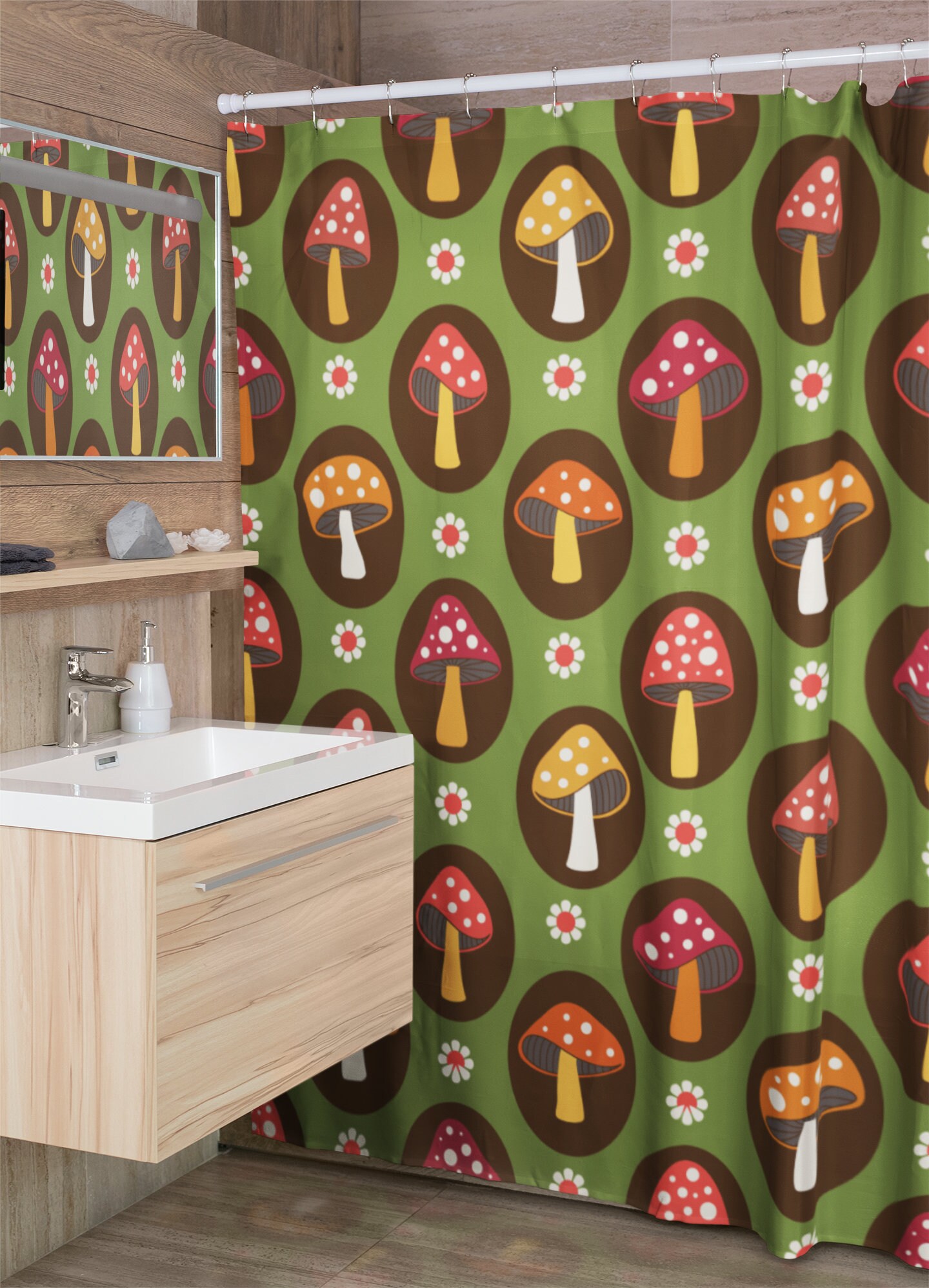 Mushroom Home Decor Shower Curtain, Groovy 60's 70's Hippie Bathroom Accessory with Retro Charm