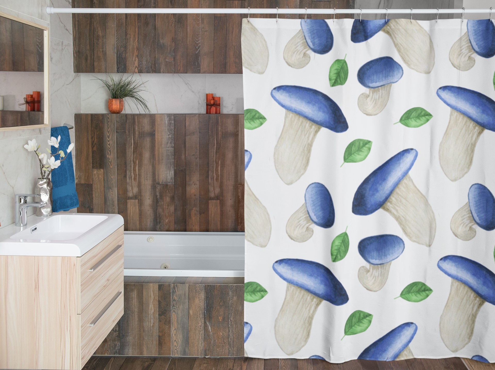 Mushroom Home Decor Tub Shower Curtain, Groovy 60's 70's Hippie Bathroom Accessory with Enchanting Charm