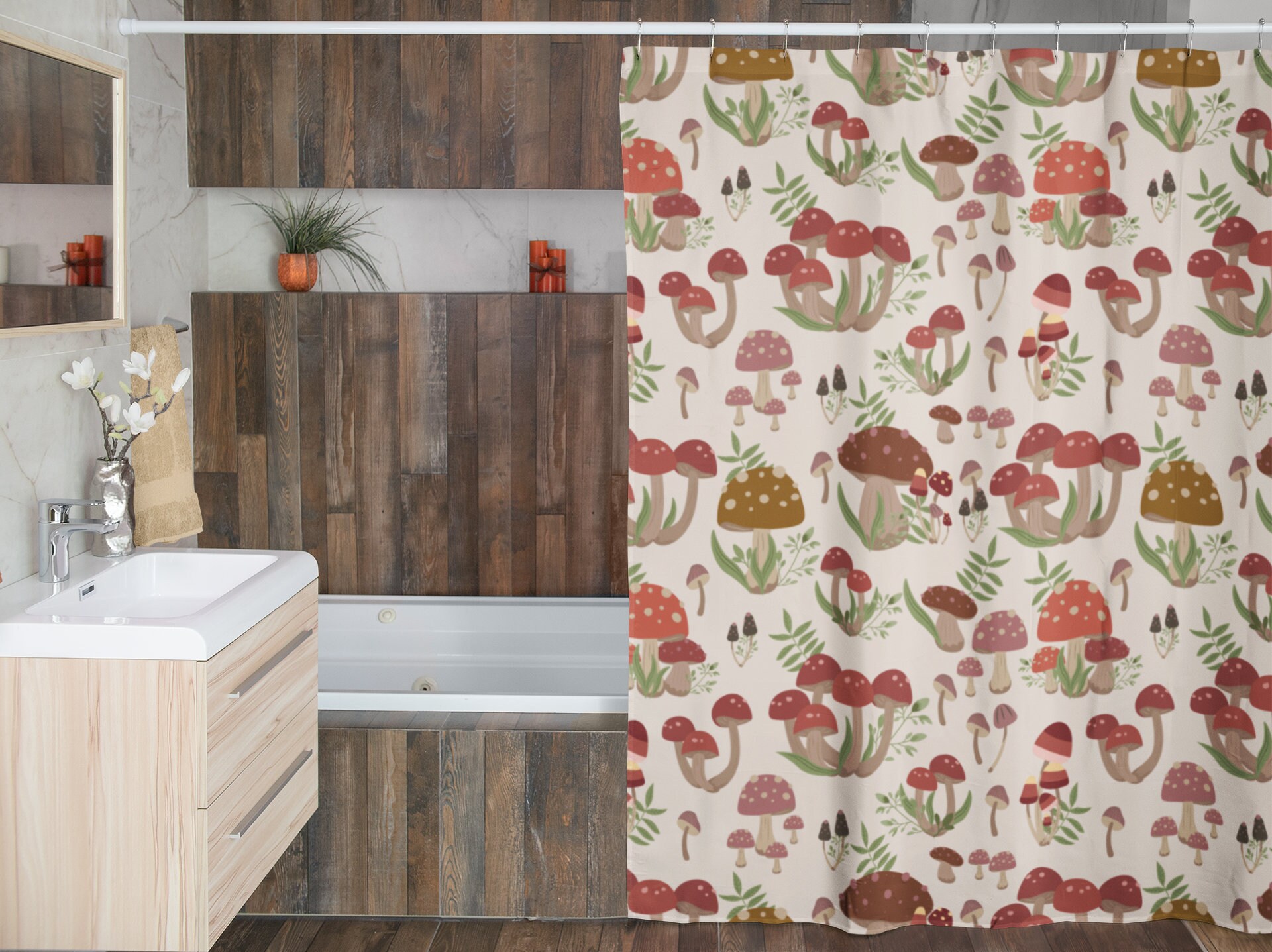 Mushroom Shower Curtain, Groovy 60's 70's Bathroom Accessory, Retro Bathroom Decor, Fall Shower Curtain - Image 4