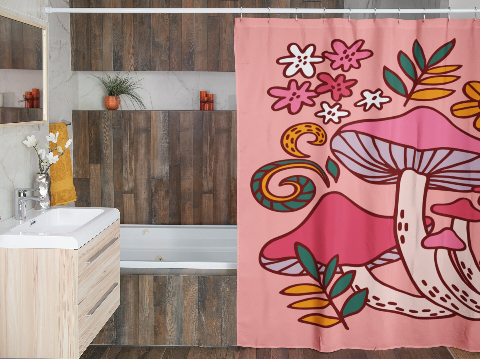 Mushroom Shower Curtain, Groovy 60's 70's Bathroom Accessory, Retro Bathroom Decor, Mushroom Home Decor