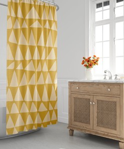 Mustard Triangle Shower Curtain, Contemporary Mid-Century Minimalist Bath Decor, Tribal Zig Zag Design