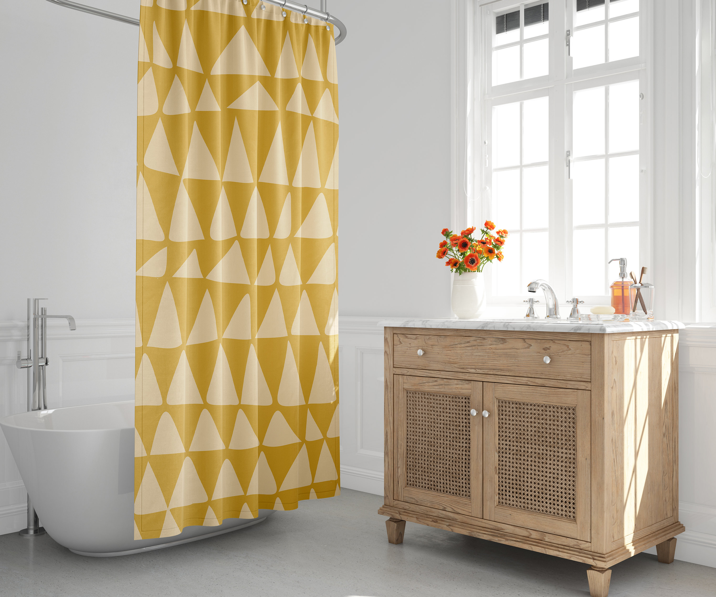 Mustard Triangle Shower Curtain, Contemporary Mid-Century Minimalist Bath Decor, Tribal Zig Zag Design
