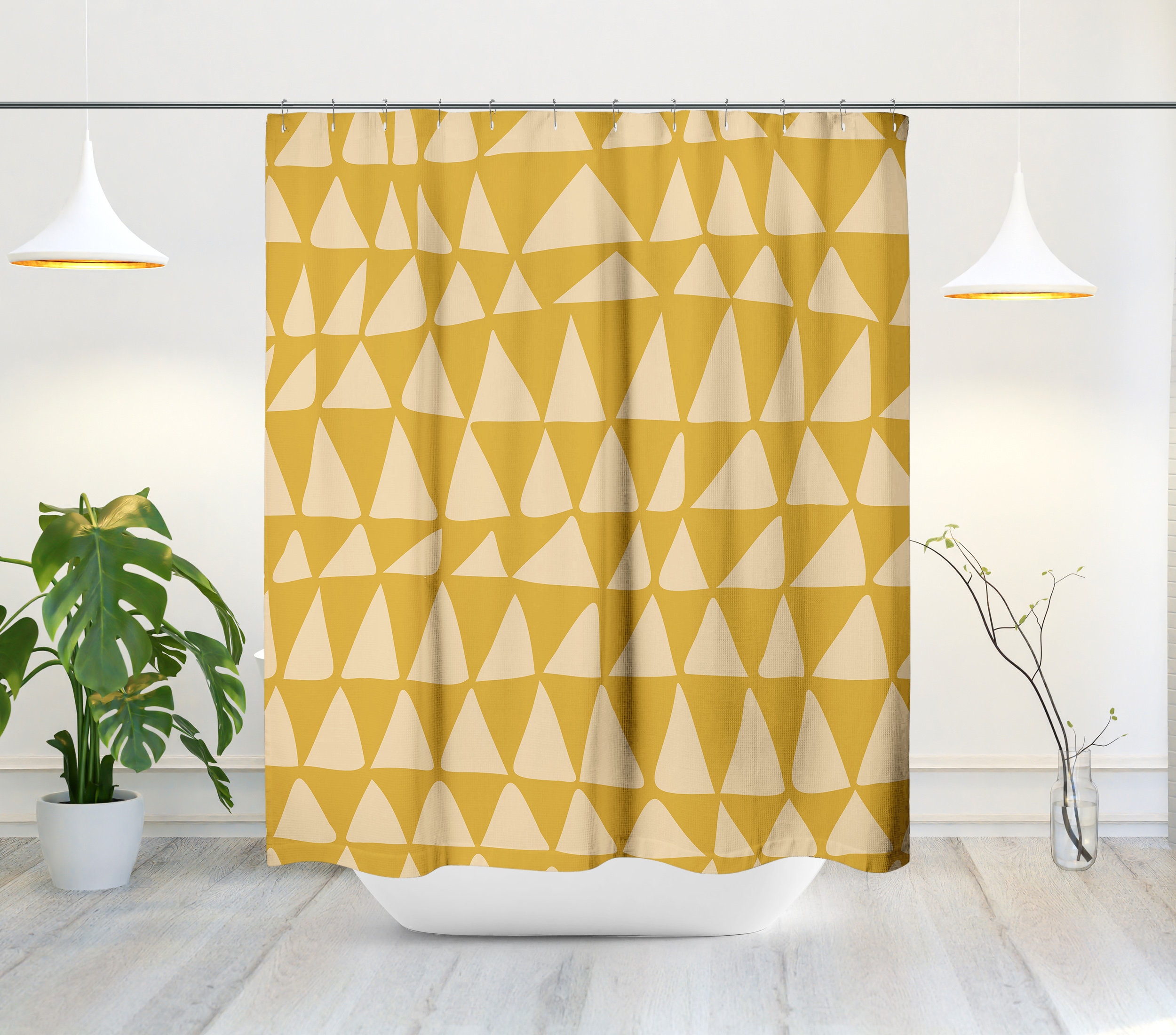 Mustard Triangle Shower Curtain, Contemporary Mid-Century Minimalist Bath Decor, Tribal Zig Zag Design - Image 2