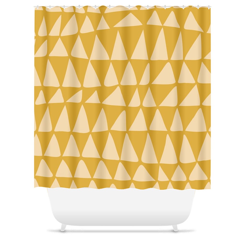 Mustard Triangle Shower Curtain, Contemporary Mid-Century Minimalist Bath Decor, Tribal Zig Zag Design - Image 3
